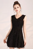 Black V-Neck Slim Sleeveless Sparkling Short Homecoming Dress