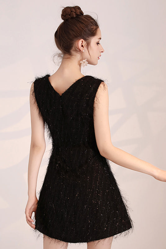 Black V-Neck Slim Sleeveless Sparkling Short Homecoming Dress
