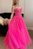 Hot Pink A Line Lace Appliques Spaghetti Straps Prom Dress