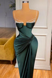 Spaghetti Straps Party Dresses Dark Green Mermaid Prom Dresses with Rhinestone PD0534