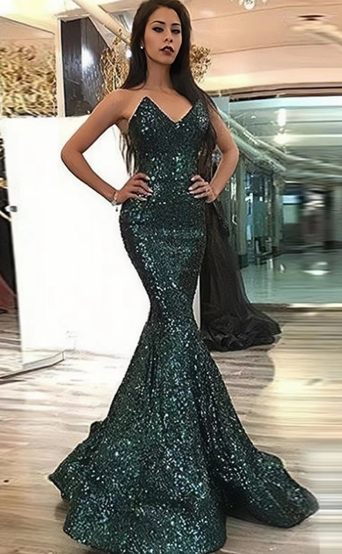 Dark Green Strapless Mermaid Floor Length Sequined Prom Dresses N2616