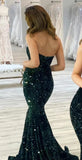 Dark Green Strapless Mermaid Floor Length Sequined Prom Dresses N2616