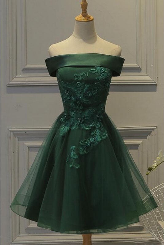 Dark Green Off the Shoulder Tulle Homecoming Dress, A Line Appliqued Short Prom Dress