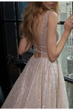 Sexy A Line Deep V-Neck Court Train Backless Prom Dresses with Sequins Party Dresses N730