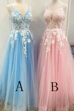 New Spaghetti Strap Floor Length A Line Tulle Prom Dresses with Lace Appliques Formal Dresses N2649