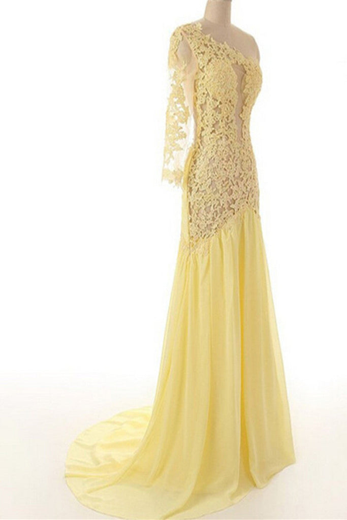 Daffodil One Sleeve Lace Appliques Chiffon Long Prom Dresses