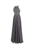 Gray Straps Chiffon Backless Beaded Long Prom Dresses
