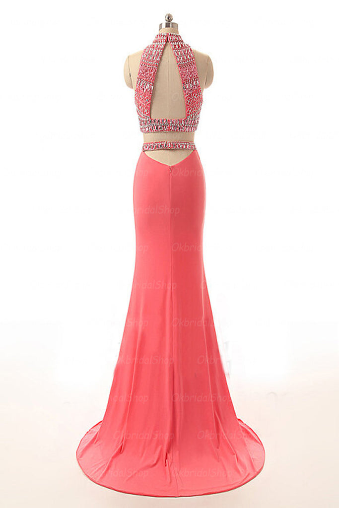Two Pieces Halter Beaded Open Back Long Sheath Prom Dress