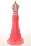 Two Pieces Halter Beaded Open Back Long Sheath Prom Dress