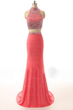 Two Pieces Halter Beaded Open Back Long Sheath Prom Dress