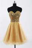Gold Sweetheart Beaded Backless Lace Up Back Homecoming Dresses