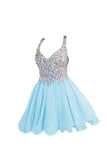 Light Sky Blue Beaded V-Neck Homecoming Dresses