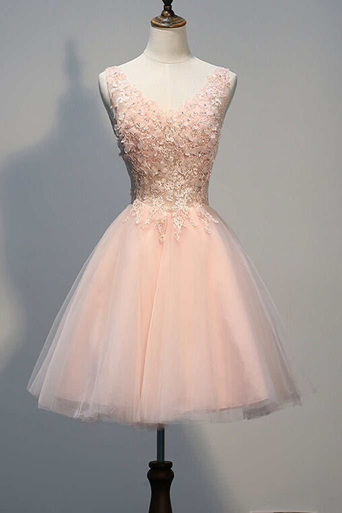 Blush Pink Lace Beaded Backless V-Neck Homecoming Dresses