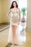 V-Neck Long Sleeves Beaded Modest Prom Party Dresses