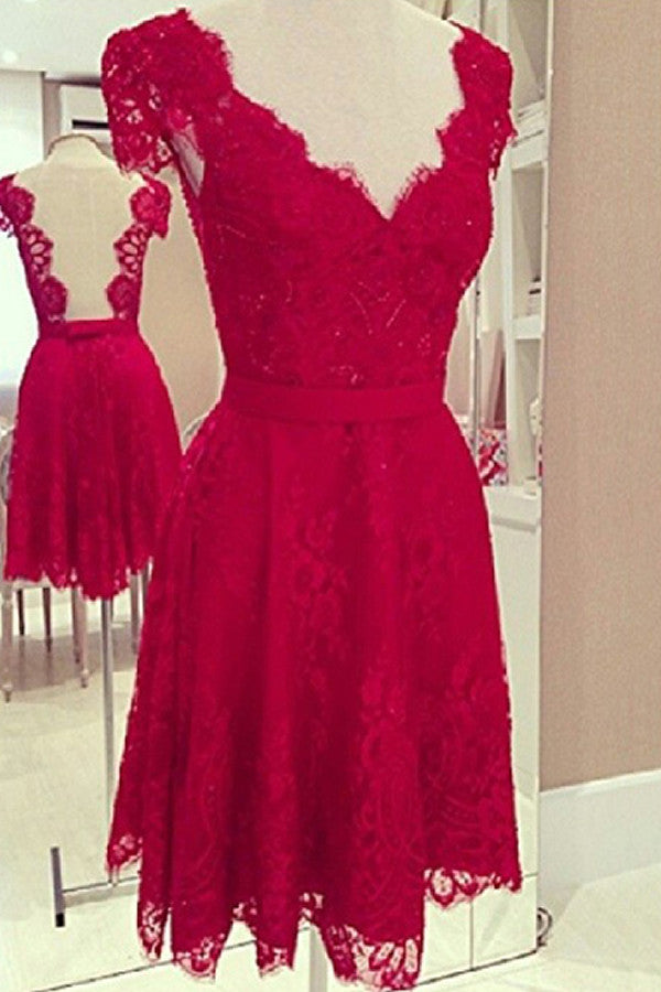 V-Neck Red Open Back Lace Homecoming Dresses