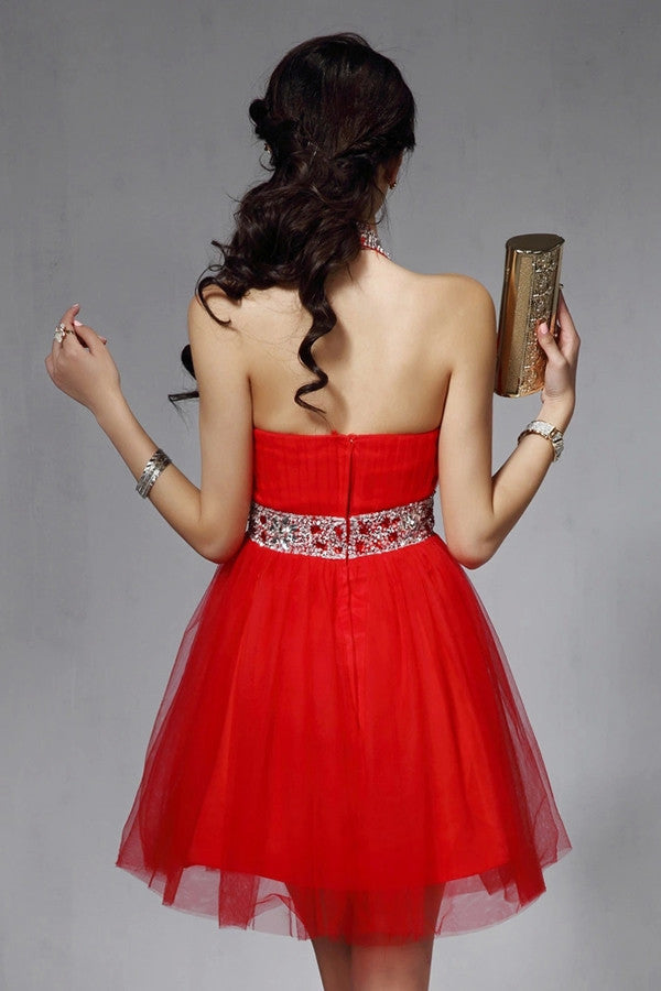 Halter Backless Red Beaded V-neck Homecoming Dresses