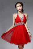 Halter Backless Red Beaded V-neck Homecoming Dresses