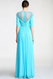 Real Nice Light Sky Blue Chiffon Half Sleeve Prom Dresses