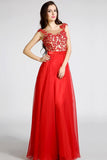 Red Sheer Neck Sleeveless Open Back Lace Appliques Beaded Prom Dresses