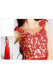 Red Sheer Neck Sleeveless Open Back Lace Appliques Beaded Prom Dresses