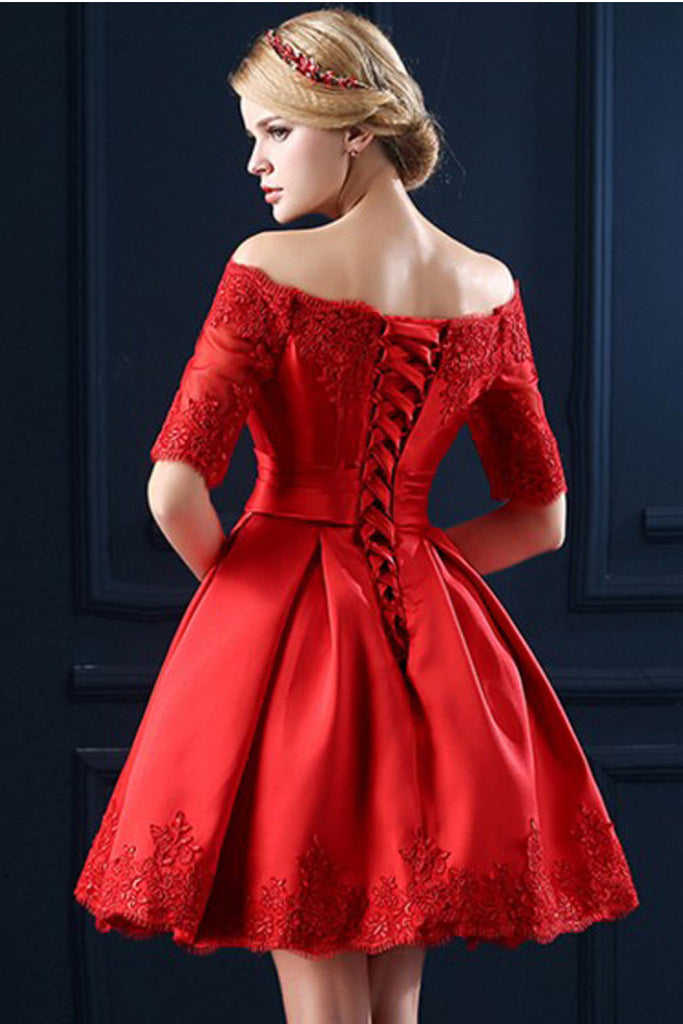 Boat Neckline Red Half Sleeve Lace Homecoming Dresses