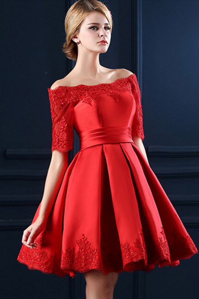 Boat Neckline Red Half Sleeve Lace Homecoming Dresses