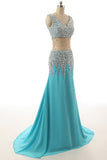 V-Neck Light Sky Blue Beaded Long Prom Evening Dresses
