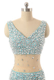 V-Neck Light Sky Blue Beaded Long Prom Evening Dresses
