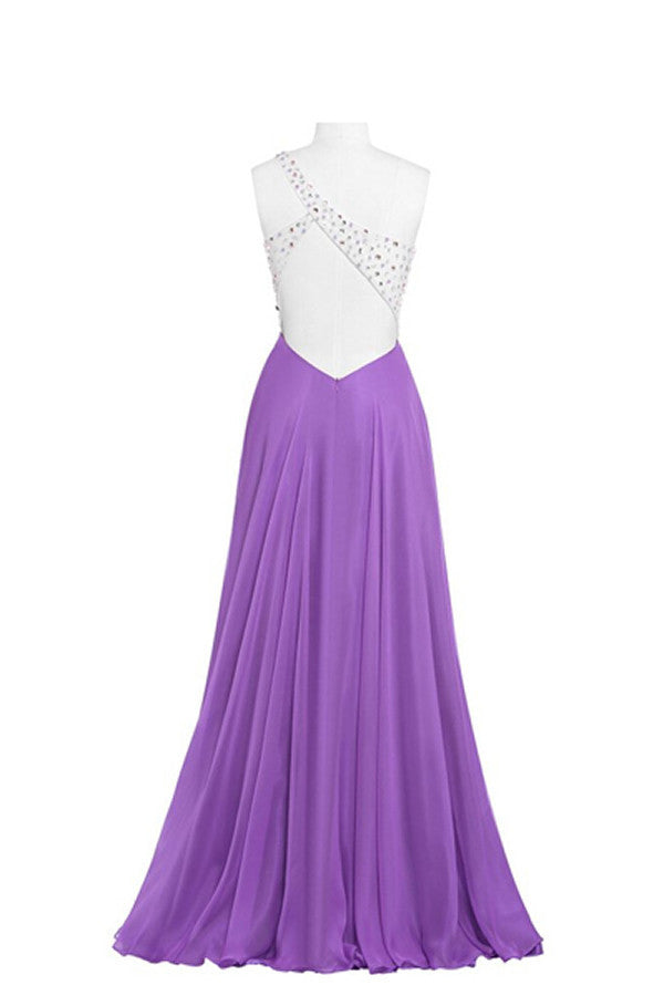 Purple One Shoulder Beaded Long Prom Dresses ED0964