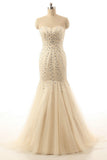 Mermaid Sweetheart Champagne Beading Tulle Long Prom Dresses