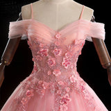 Pink Ball Gown Off The Shoulder Quinceanera Prom Dresses with Floral Appliques