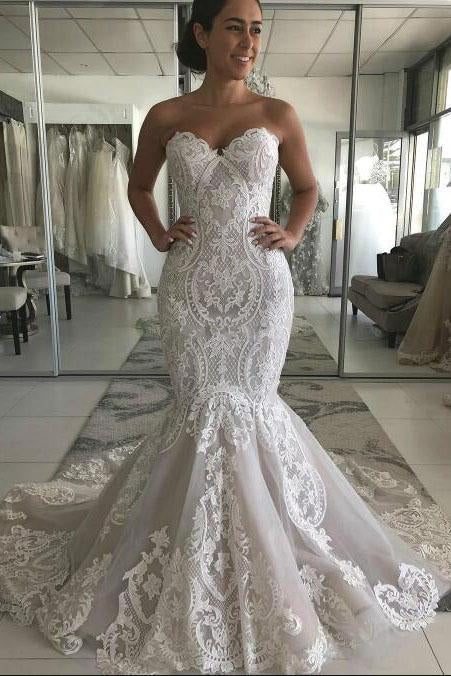 Sexy Sweetheart Mermaid Tulle Wedding Dress with Lace Appliques, Backless Bridal Dress N2554