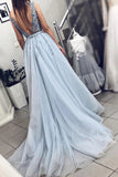 Blue V-Neck Tulle Beading Long Prom Dresses Gorgeous Backless Long Evening Dresses N2041