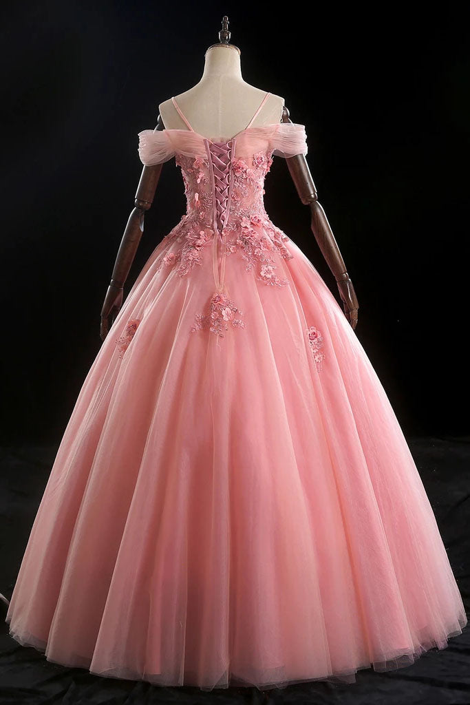 Pink Ball Gown Off The Shoulder Quinceanera Prom Dresses with Floral Appliques