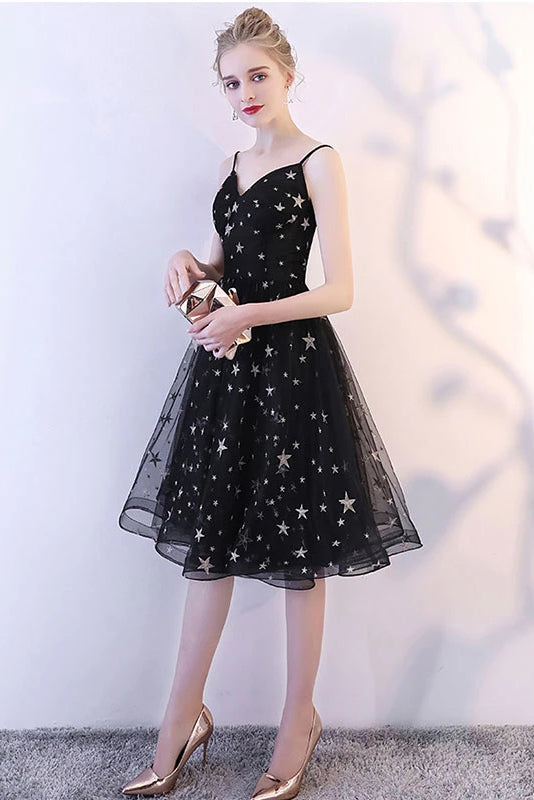 Black Spaghetti Straps V Neck Tulle Graduation Dress with Stars, Glitter Homecoming Dress N2147