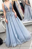 Blue V-Neck Tulle Beading Long Prom Dresses Gorgeous Backless Long Evening Dresses N2041