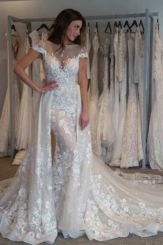 Gorgeous Cap Sleeves Sheer Neck Long Wedding Dresses with Detachable Train N2485