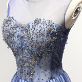 New Arrival A Line Sheer Neck Prom Dresses with Rhinestones Long Tulle Party Dresses N1750