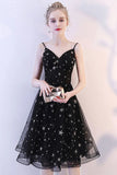 Glitter Black Spaghetti Straps V-Neck Tulle Graduation Dresses with Stars