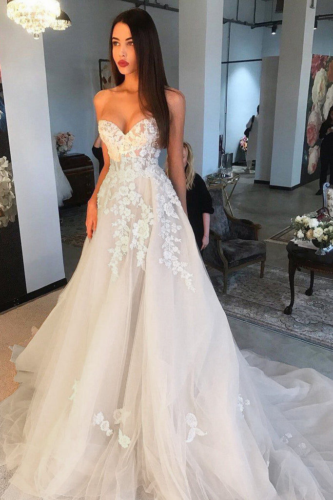 Elegant A Line Sweetheart Tulle Lace Applique Ivory Wedding Dress, Long Prom Dress N1663