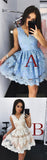 Cute Mini V-Neck Blue Lace Appliqued Homecoming Dresses