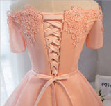 Pastel Lace Appliqued Off The Shoulder Short Sleeves Homecoming Dresses