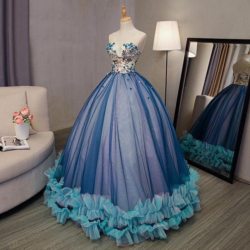 Blue Ball Gown V-Neck Sleeveless Appliqued Tulle Prom Dresses Hot Quinceanera Dresses N2538