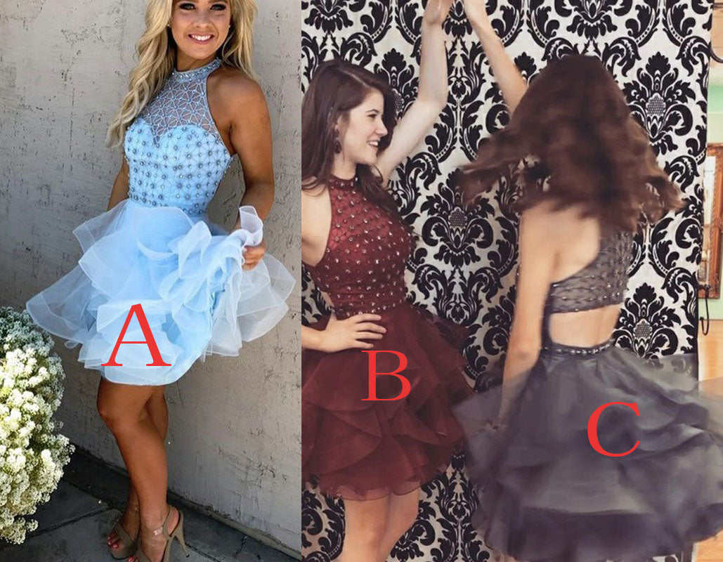 Ruffles Light Blue Jewel Sleeveless Beading Mini Tulle Homecoming Dresses