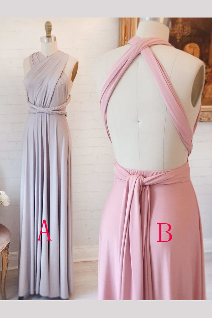 Unique Open Back Column Sleeveless Ruched Long Bridesmaid Dresses Prom Dresses N788