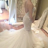 Ivory Mermaid Backless Spaghetti Straps Court Train Lace Tulle Wedding Dresses