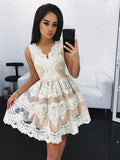 Cute Mini V-Neck Blue Lace Appliqued Homecoming Dresses