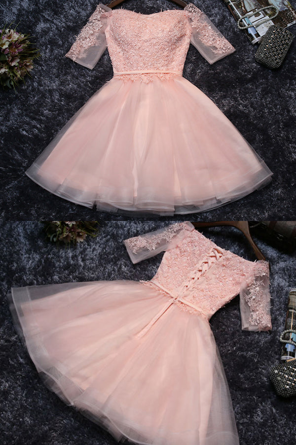 Pink Cute Appliques Tulle Half Sleeves Short Prom Dress,Mini Off-shoulder Homecoming Dress,N245