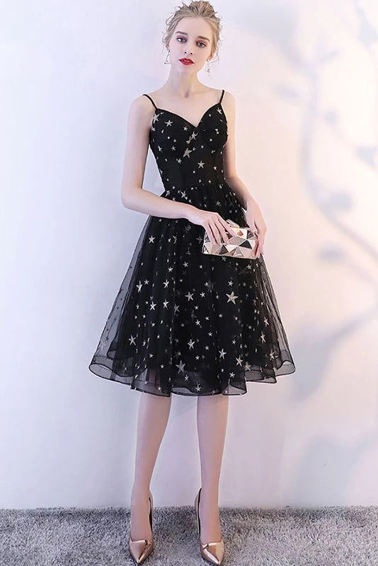 Glitter Black Spaghetti Straps V-Neck Tulle Graduation Dresses with Stars