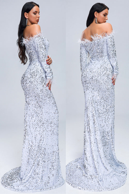 New Off-the-shoulder Party Dresses Feather Long Sleeve Sequin Evening Dresses